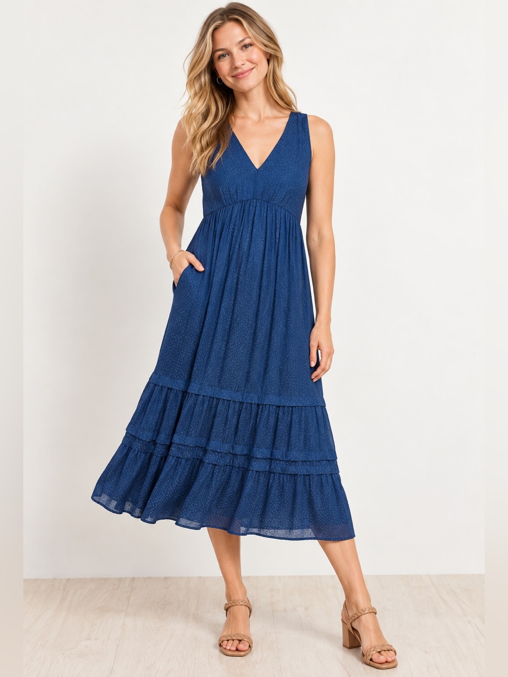 LOFT Spotted Tiered Midi Dress Blue Size 14